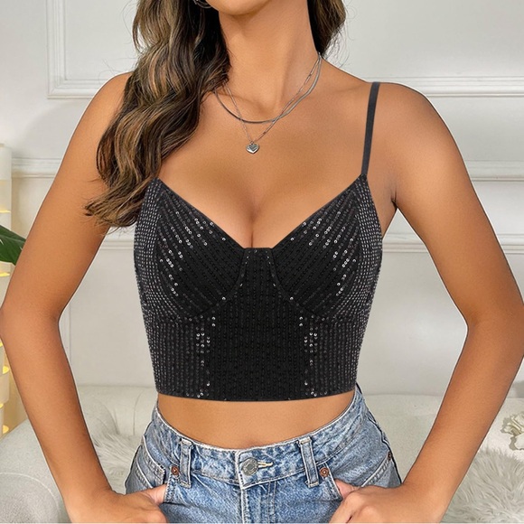 Tops - NWOT Black Sequin Crop Tank Top, Size 2X